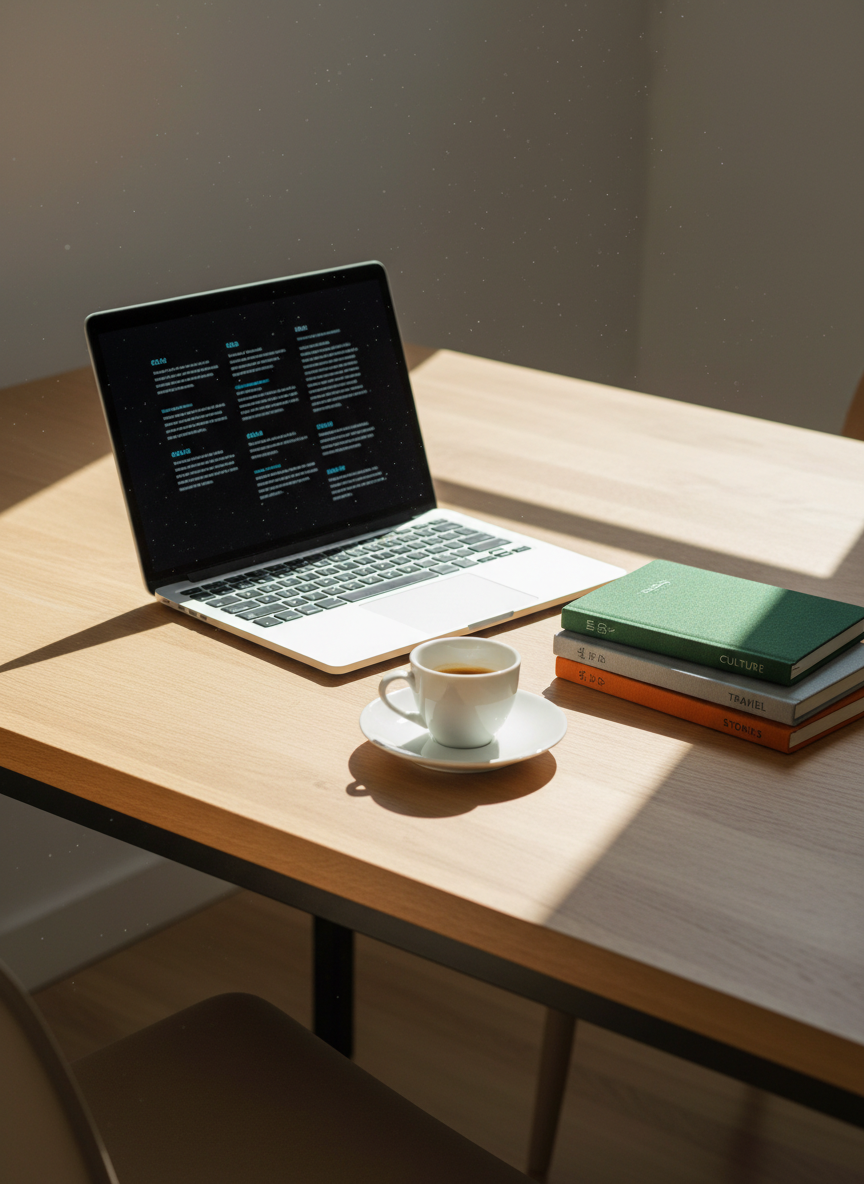 A sleek laptop on a minimalist oak table, its screen displaying an elegant, text-only interface with columns resembling interview questions and answers in multiple languages, carefully abstracted so no real words are readable. Next to it, a stack of slim, color-coded notebooks with cloth spines hints at separate projects on culture, travel, and human stories. A ceramic espresso cup with a fine porcelain sheen sits on a small saucer. Morning light streams through a nearby window, catching dust motes and creating a calm, focused mood. Photographic realism, three-quarter overhead angle, balanced composition with crisp focus, evoking a professional yet intimate storytelling workspace.