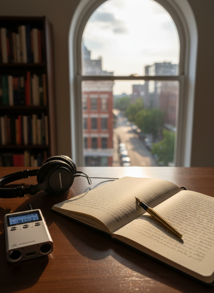 A refined writing desk curated as a visual portrait of a storyteller: an open linen-textured notebook filled with neatly arranged, untranslated handwritten lines in different alphabets, a slim brass fountain pen resting across the page, and a pair of over-ear studio headphones folded beside a compact digital recorder. The desk is a dark walnut surface set near a tall window in a quiet city apartment, with blurred shelves of travel books in the background. Late afternoon natural light pours in, creating soft, elongated shadows and gentle highlights on the ink and metal. Photographic realism, eye-level composition with shallow depth of field, conveying a sophisticated, contemplative atmosphere suited to a professional portfolio homepage.