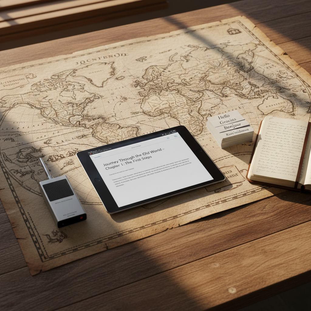 A large, unfolded map with intricate, slightly worn edges spread across a vintage wooden table, intersected by a modern tablet displaying a clean document layout as if a travel narrative is being edited. Around them lie a slim analog voice recorder, a small stack of multilingual phrase cards, and a slender leather notebook half-open with visible but unreadable lines. Warm golden hour light filters through slatted blinds, casting linear shadows and highlighting the textures of paper and leather. Photographic realism, shot from a slightly elevated angle with the map forming leading lines into the frame, creating an atmosphere of cultured curiosity and thoughtful exploration.